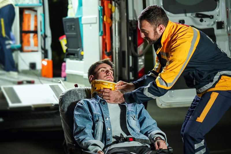 Paramedic putting a neck brace onto a person on a stretcher